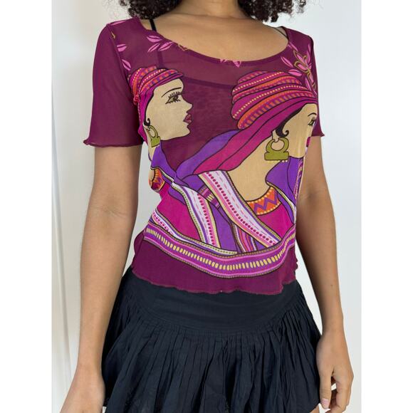 Vintage 00s Woman Graphic Mesh Short Sleeve Tee (S/M) indie gaultier - Picture 10 of 10
